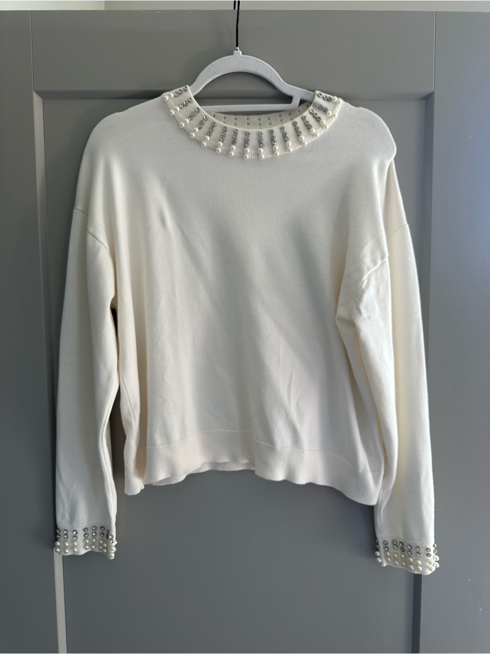 Adrianna Papell Ivory Crewneck Sweater with Pearl & Crystal Trim